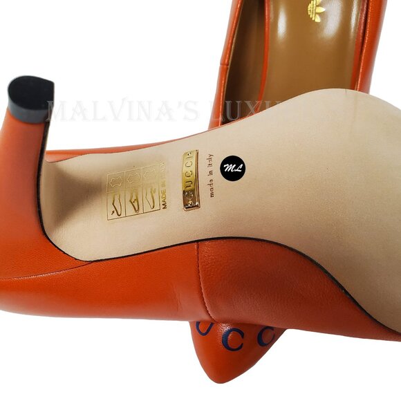 GUCCI SHOES ADIDAS X TREFOIL ORANGE LEATHER PUMPS w LOGO sz 37 / 7 - Picture 14 of 16
